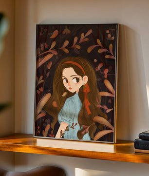 Ilustración elegante de una chica rodeada de follaje abstracto