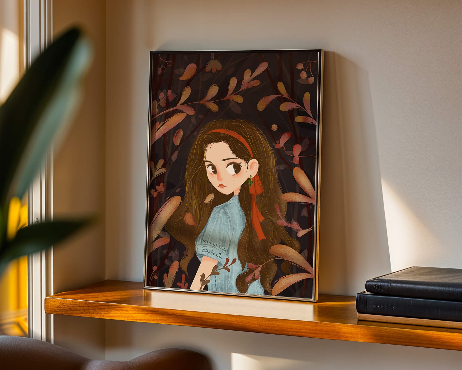 Elegante ilustración de una niña rodeada de follaje abstracto.