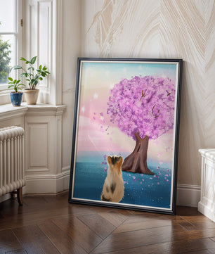 Serene scene with cat and blossoming cherry tree at sunrise