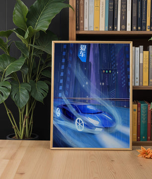 Futuristisches blaues Auto rast durch neonbeleuchtete, verregnete Stadtlandschaft