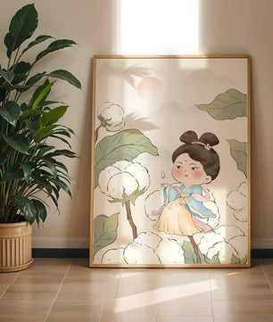 Illustration élégante d'une jeune fille en tenue traditionnelle au milieu de plants de coton