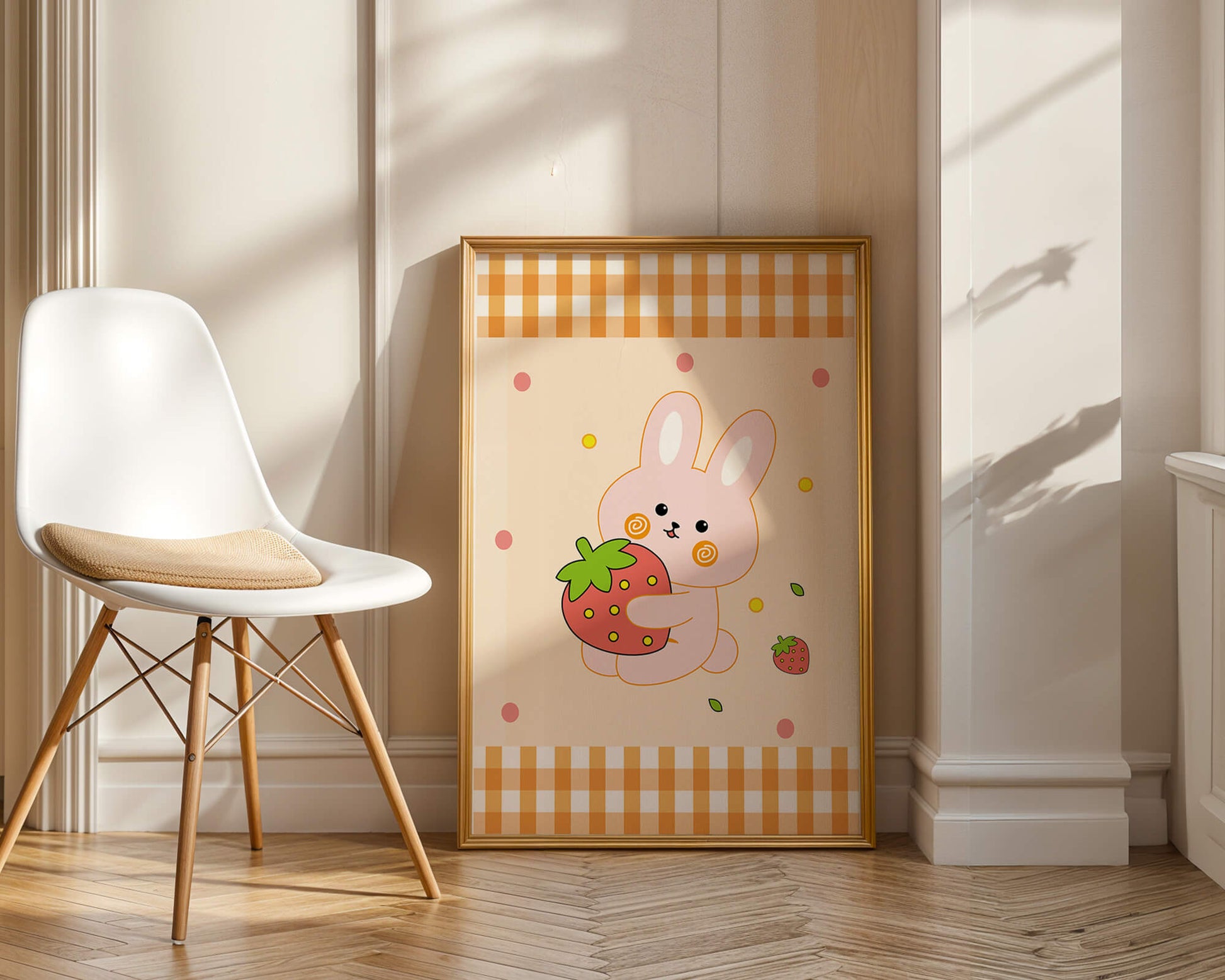 Adorable bunny holding strawberry illustration with gingham pattern