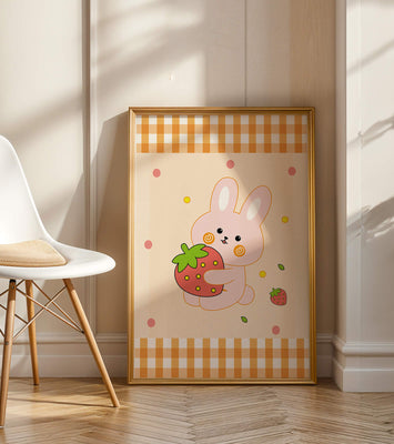 Adorable bunny holding strawberry illustration with gingham pattern