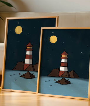 Escena nocturna tranquila con faro y estrellas que reflejan serenidad