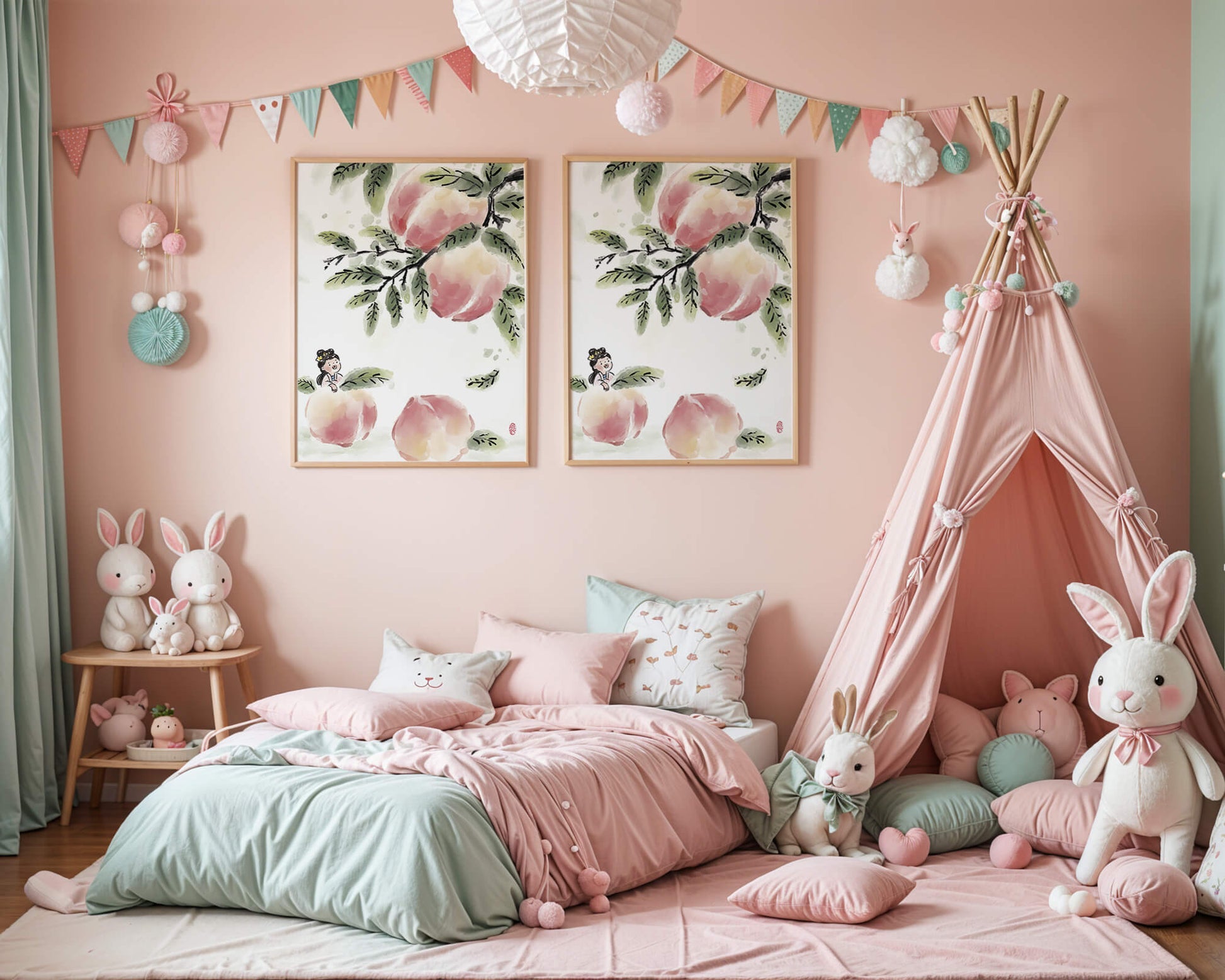 Encantadora ilustración de una chica entre flores de melocotón y hojas verdes