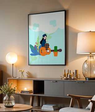 Illustration of a woman with coffee sitting on a guitar surrounded by foliage