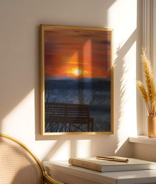 Serene Sunset Overlooking the Ocean with a Wooden Bench