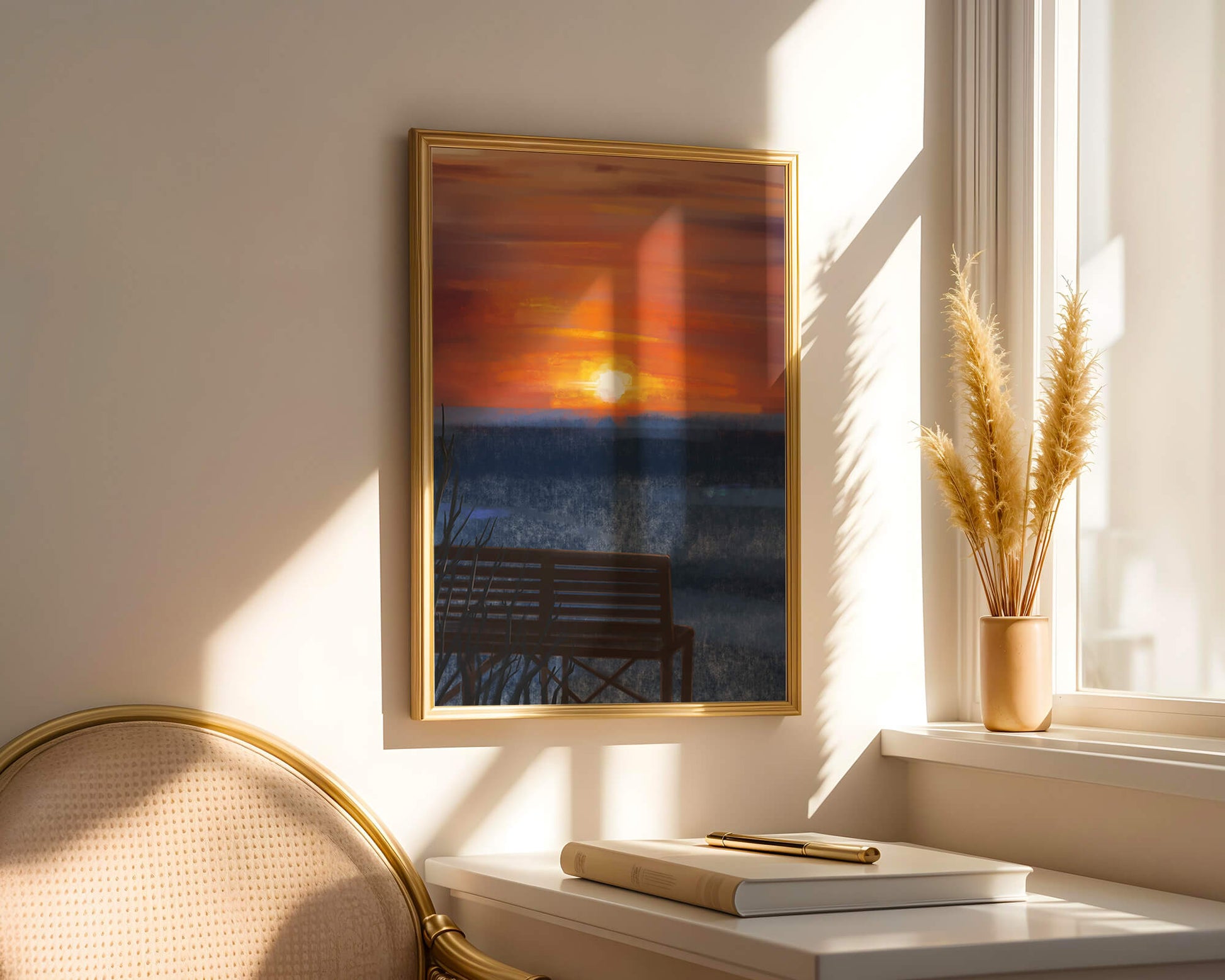 Serene Sunset Overlooking the Ocean with a Wooden Bench