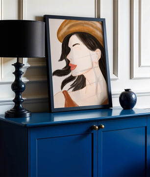 Stylized portrait of a woman in a hat with flowing hair