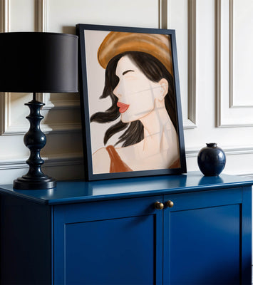 Stylized portrait of a woman in a hat with flowing hair
