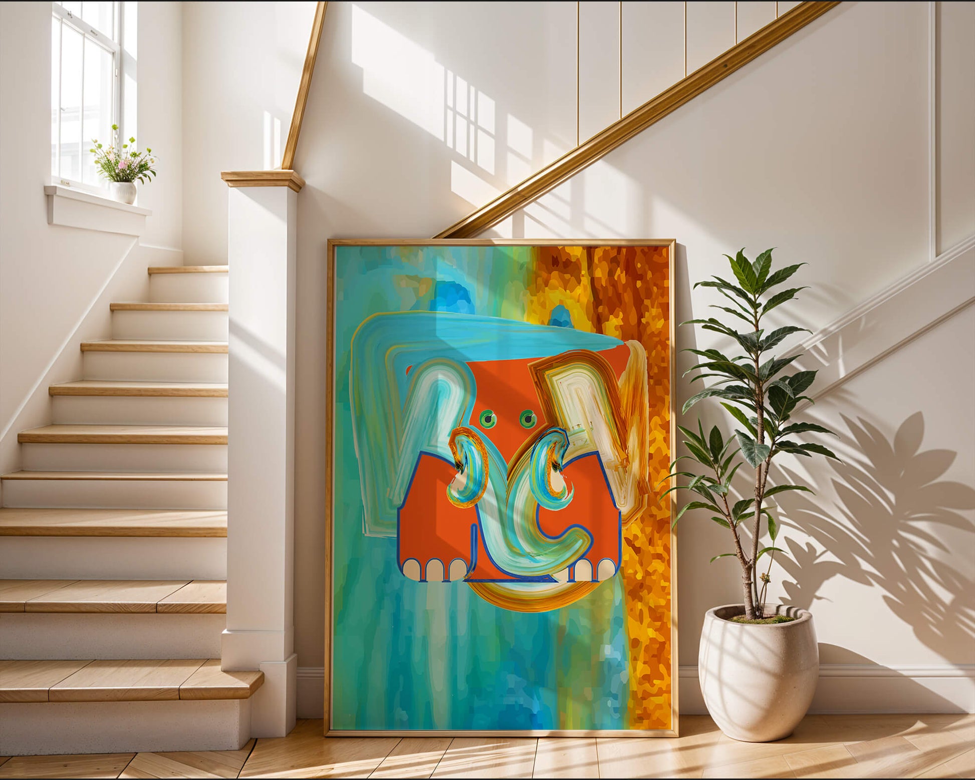 Pintura abstracta colorida de un elefante con tonos vibrantes y pinceladas artísticas.