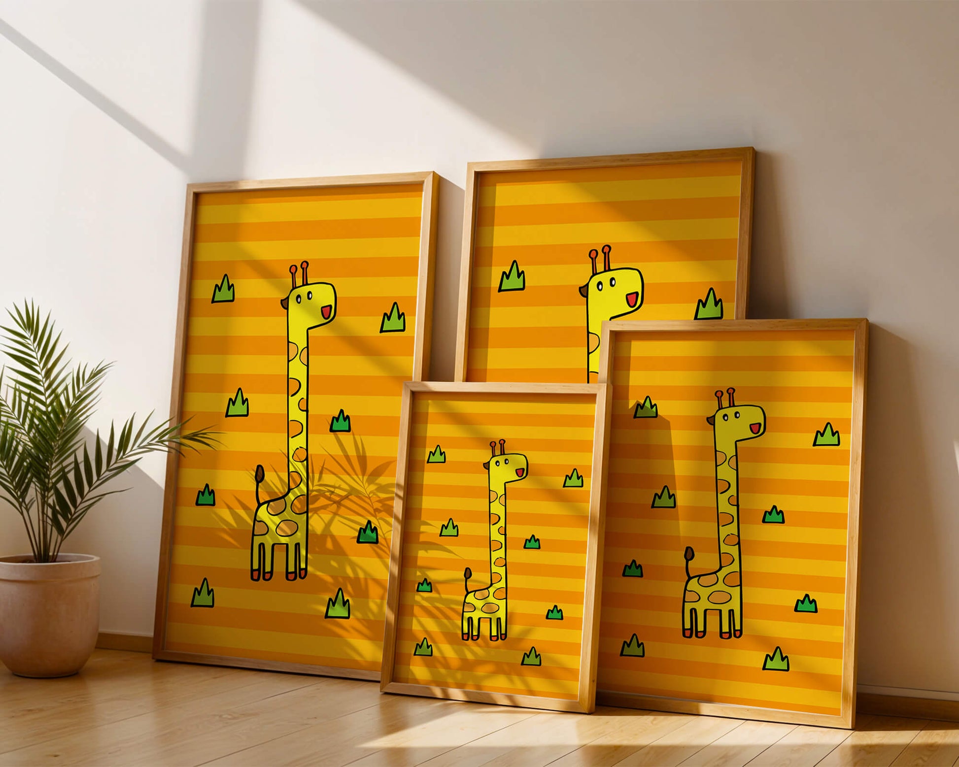 Bright cartoon giraffe illustration on a striped background