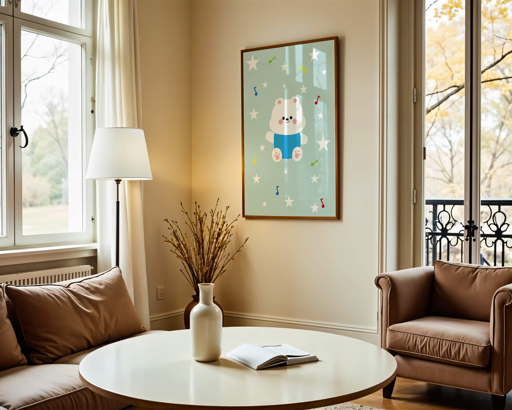 Playful bear illustration with musical notes and stars