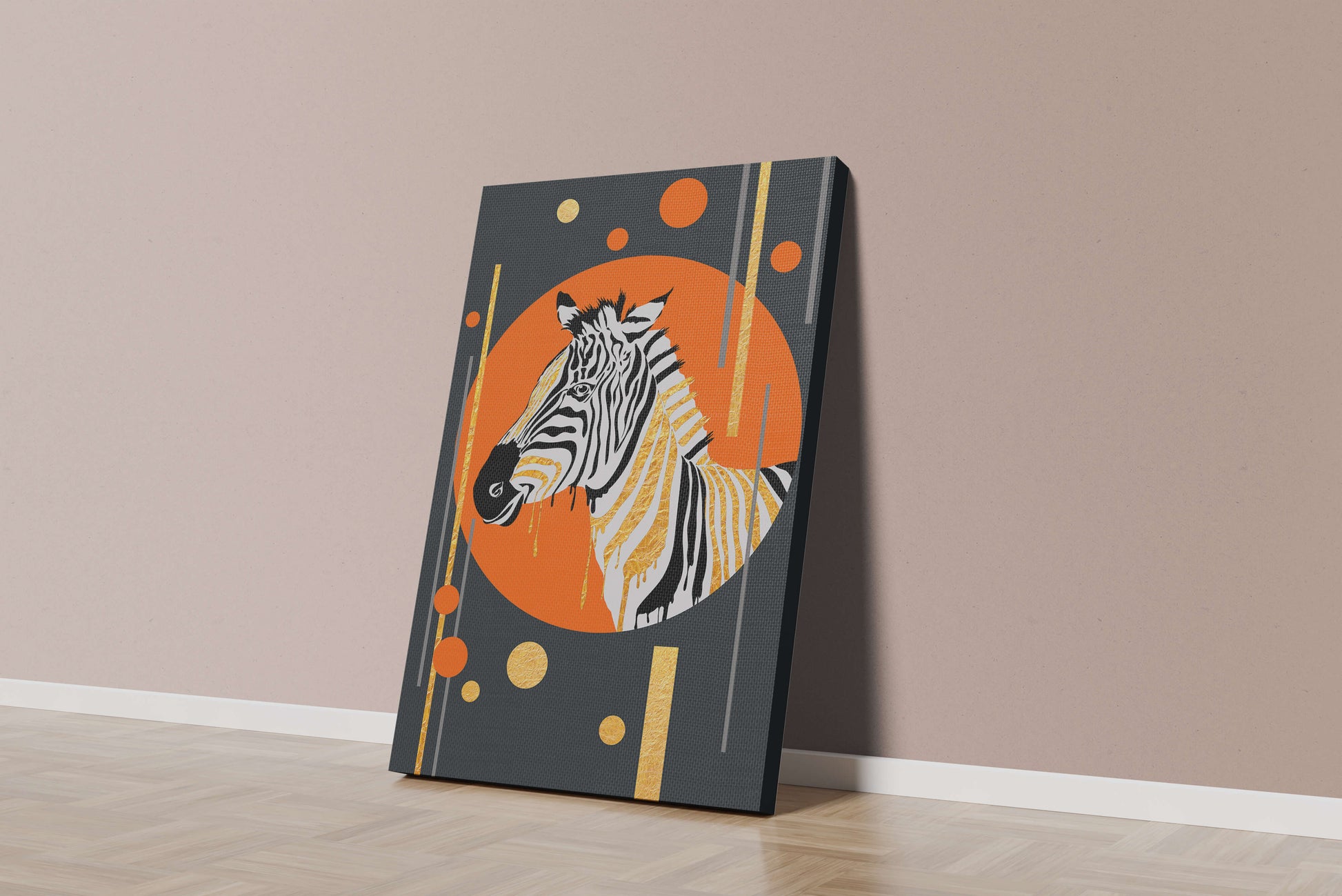 Modern zebra art with golden accents on abstract background