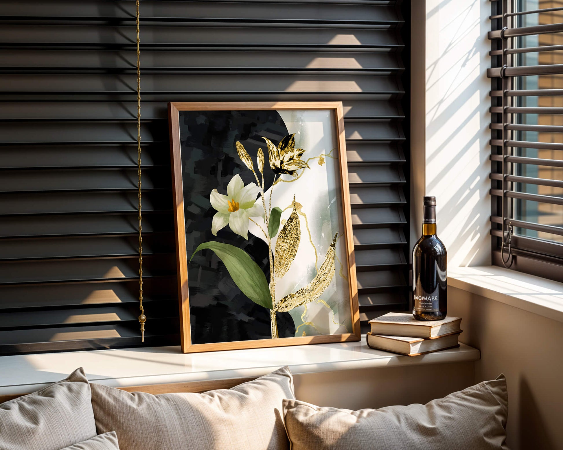 Diseño floral abstracto con detalles dorados y oscuros