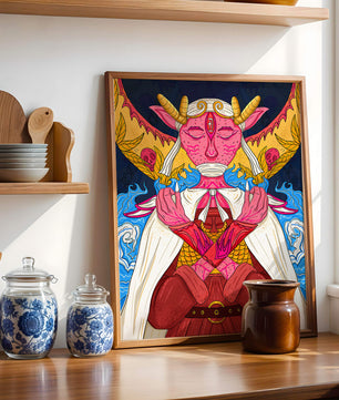 Surreal illustration of a mystical creature with golden horns and vibrant elements