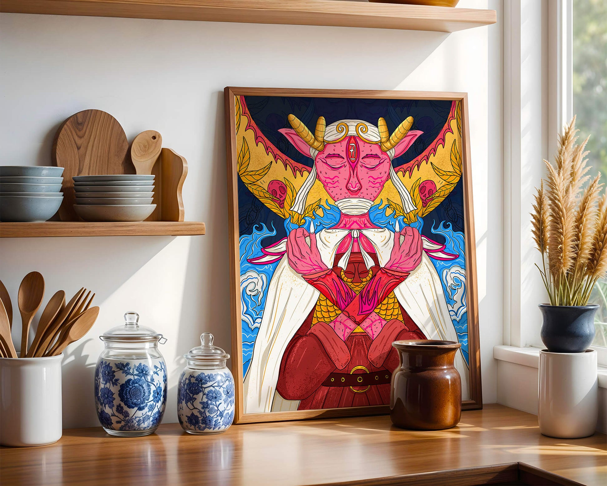 Surreal illustration of a mystical creature with golden horns and vibrant elements