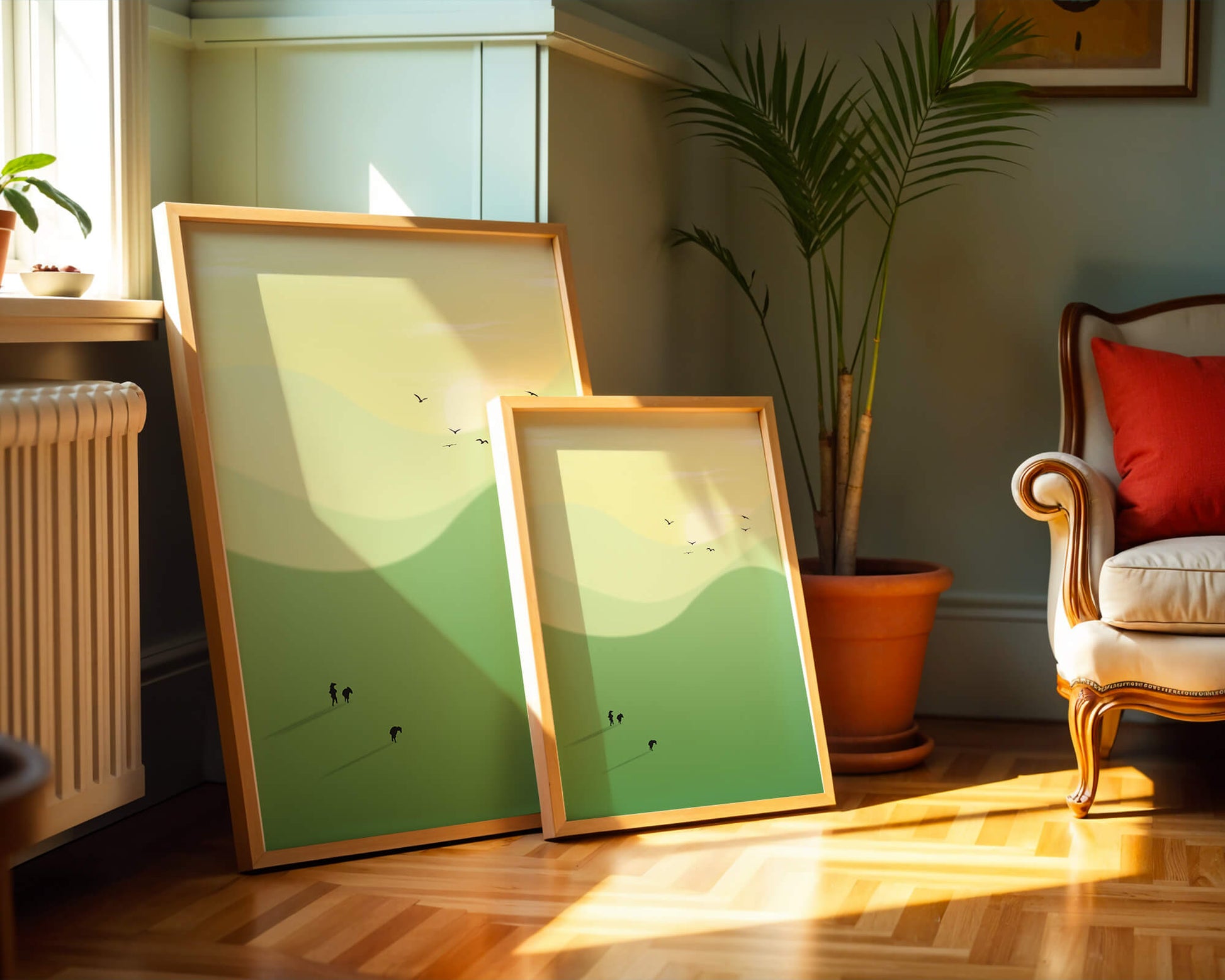 Paisaje minimalista con siluetas de personas y pájaros al atardecer