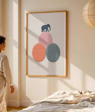 An Elephant Balancing on Colorful Balloons in a Minimalist Design - Mi tienda