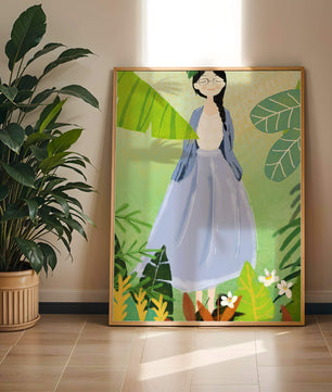 Serene illustration of a woman in nature with tropical leaves