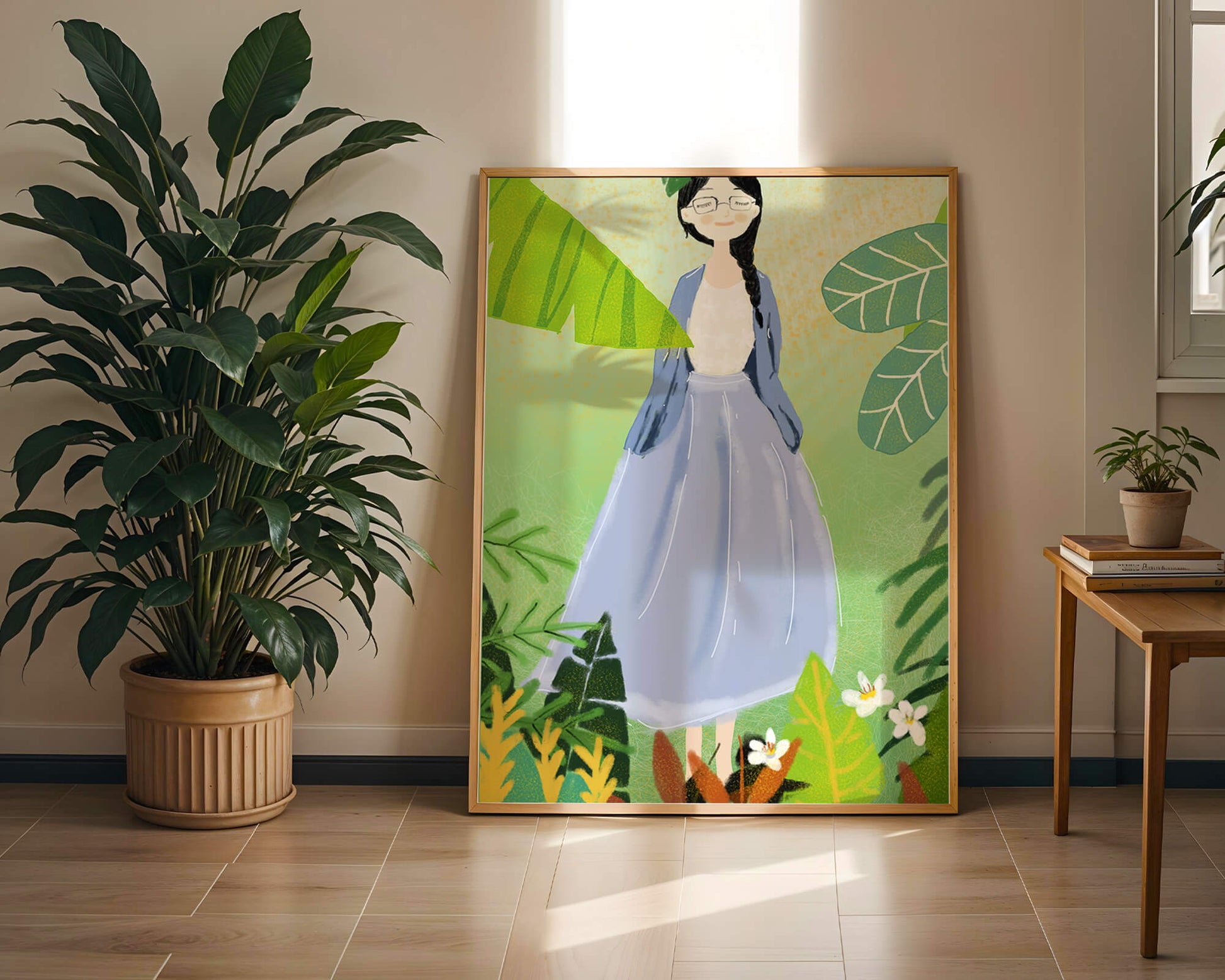 Serene illustration of a woman in nature with tropical leaves