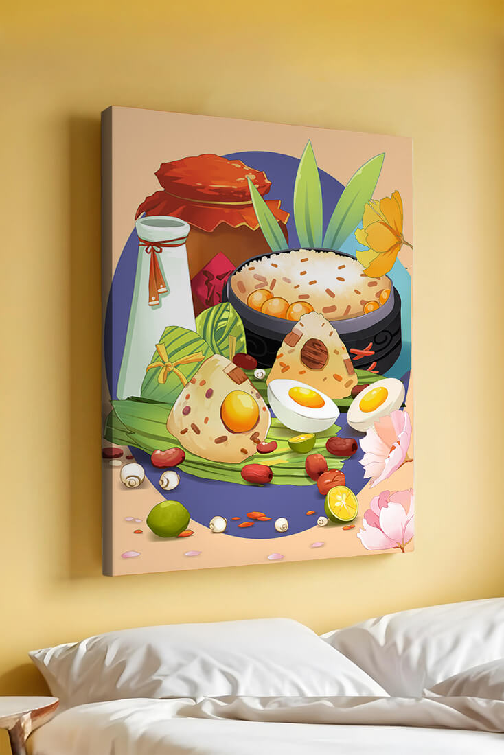 Traditional Asian culinary still life with rice and eggs
