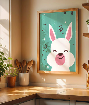 Adorable cartoon bunny on teal background with playful elements