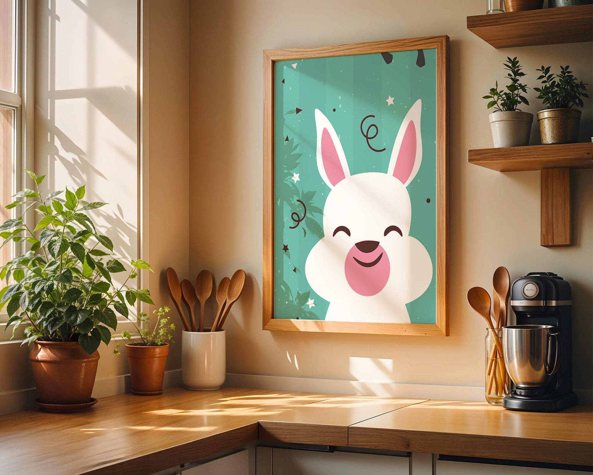 Adorable cartoon bunny on teal background with playful elements