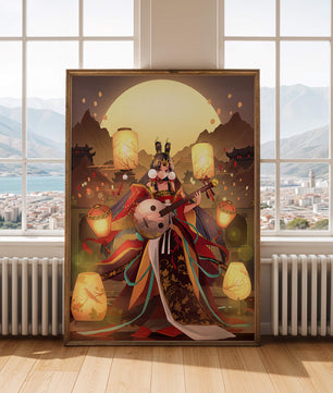 Elegant musician with traditional attire under lanterns and mountains