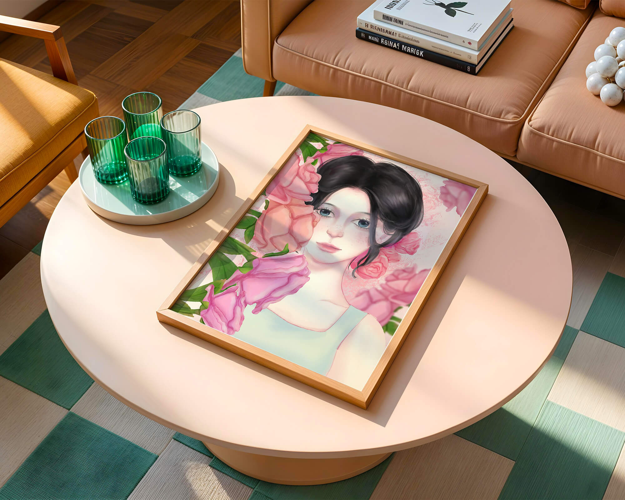 Illustration of a woman surrounded by pink roses