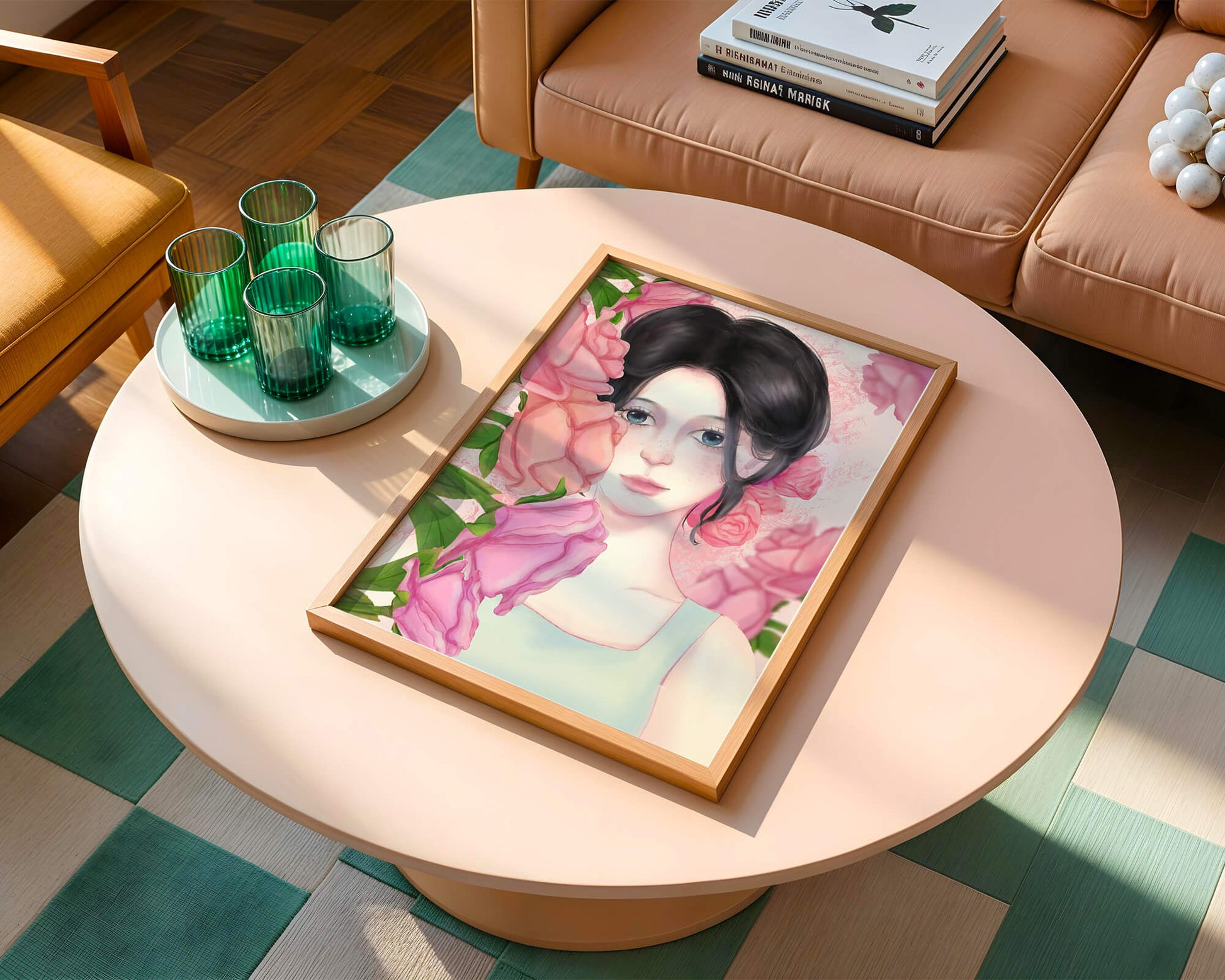 Illustration of a woman surrounded by pink roses