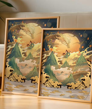 Mythical dragon and warrior painting with golden elements against a mountainous landscape