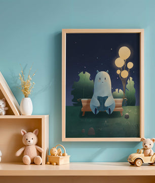 Ilustración nocturna acogedora con una criatura leyendo bajo un cielo estrellado
