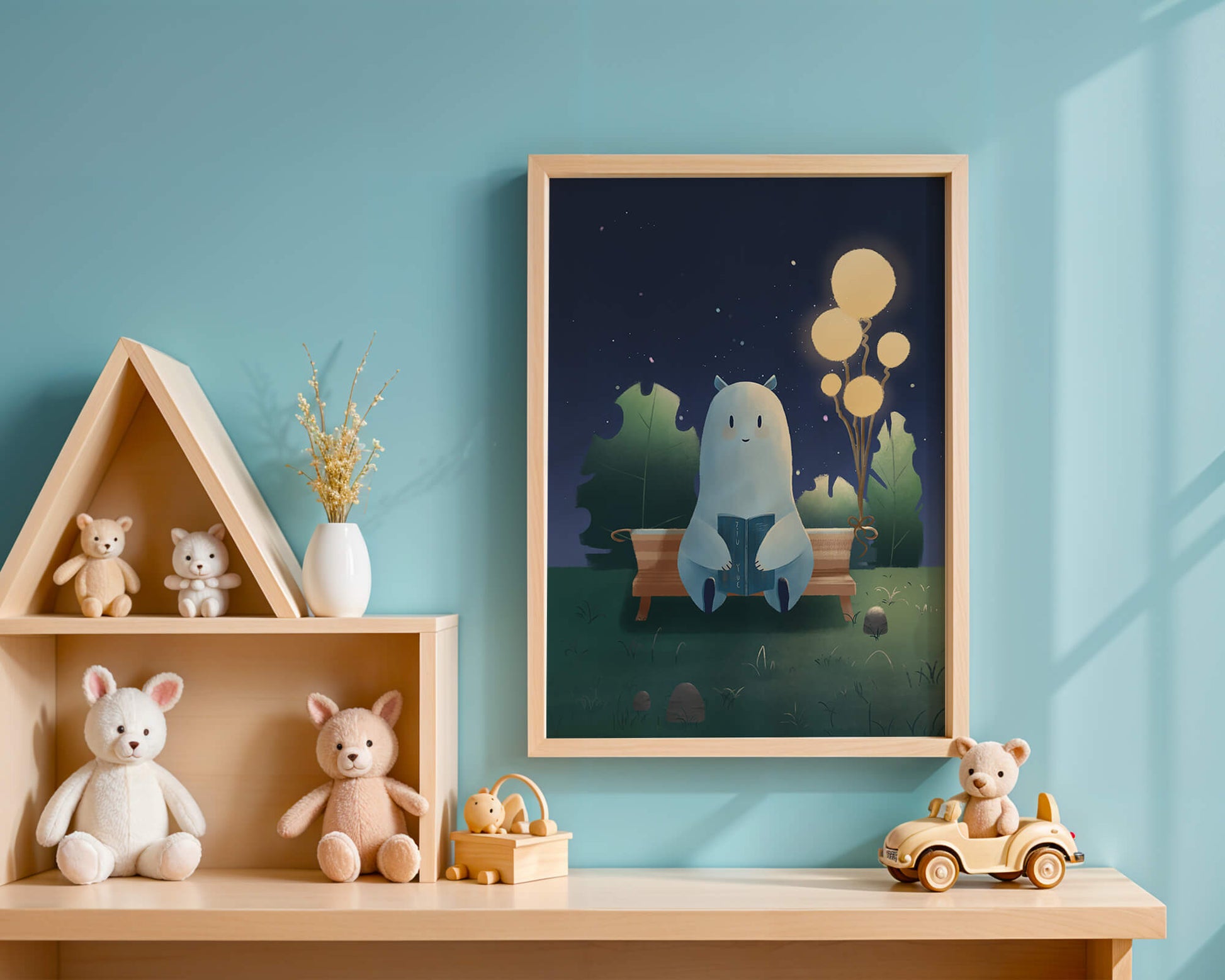 Cozy nighttime illustration with a creature reading under starry sky