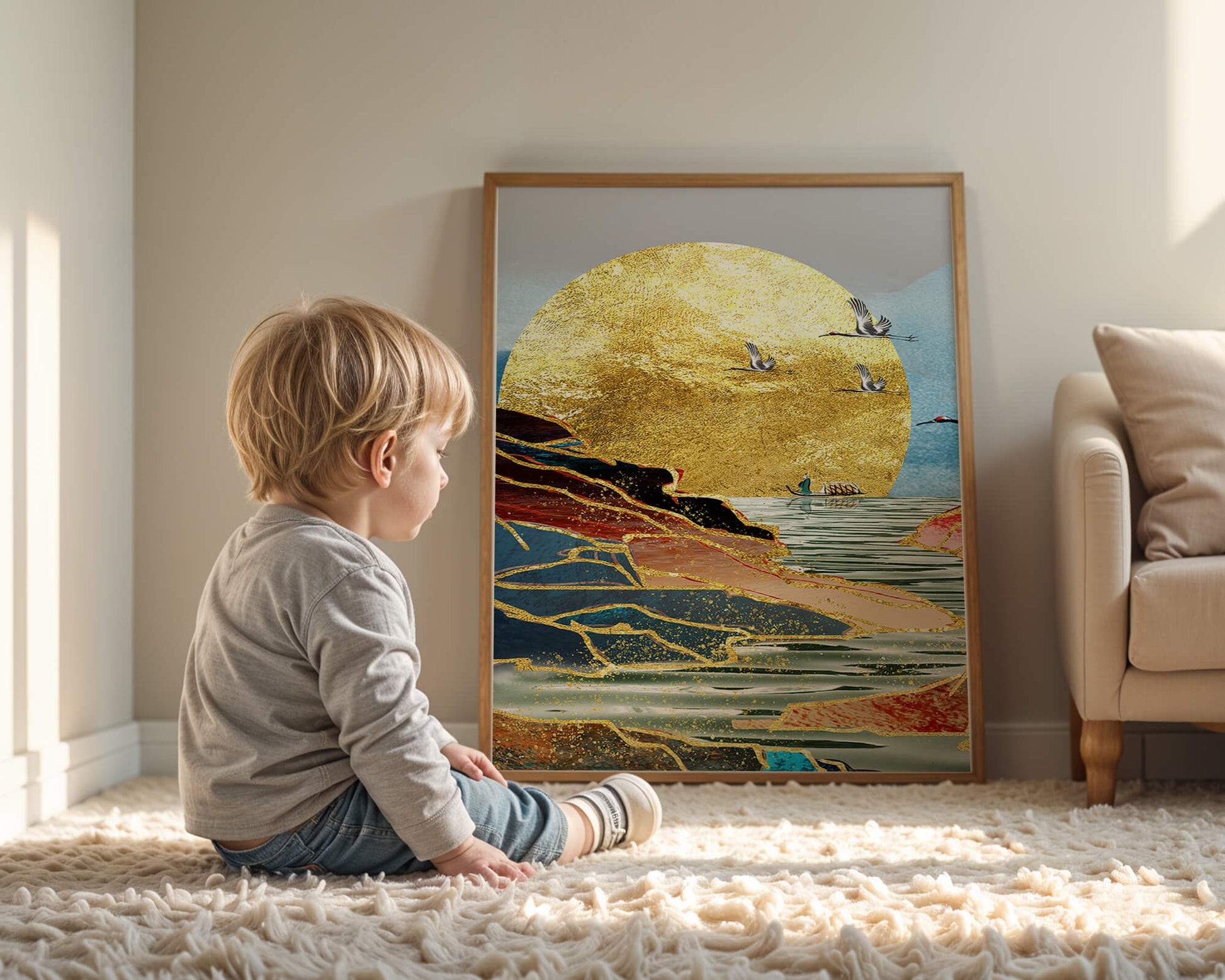 Majestic Golden Sun with Birds over Serene Landscape