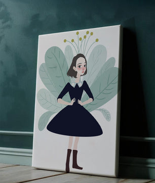 Ilustración de una chica caprichosa con hojas y elementos florales