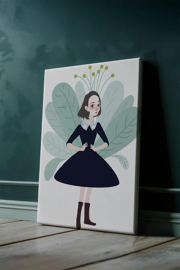 Illustration of a whimsical girl with leaves and floral elements