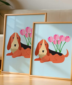 Illustration eines Basset Hound mit rosa Blumen auf hellblauem Hintergrund