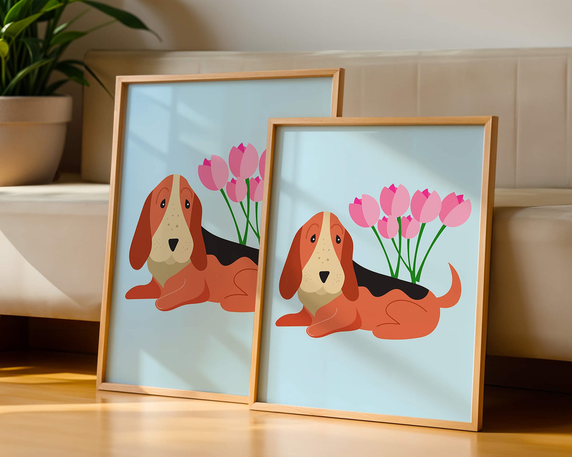 Illustration eines Basset Hound mit rosa Blumen auf hellblauem Hintergrund