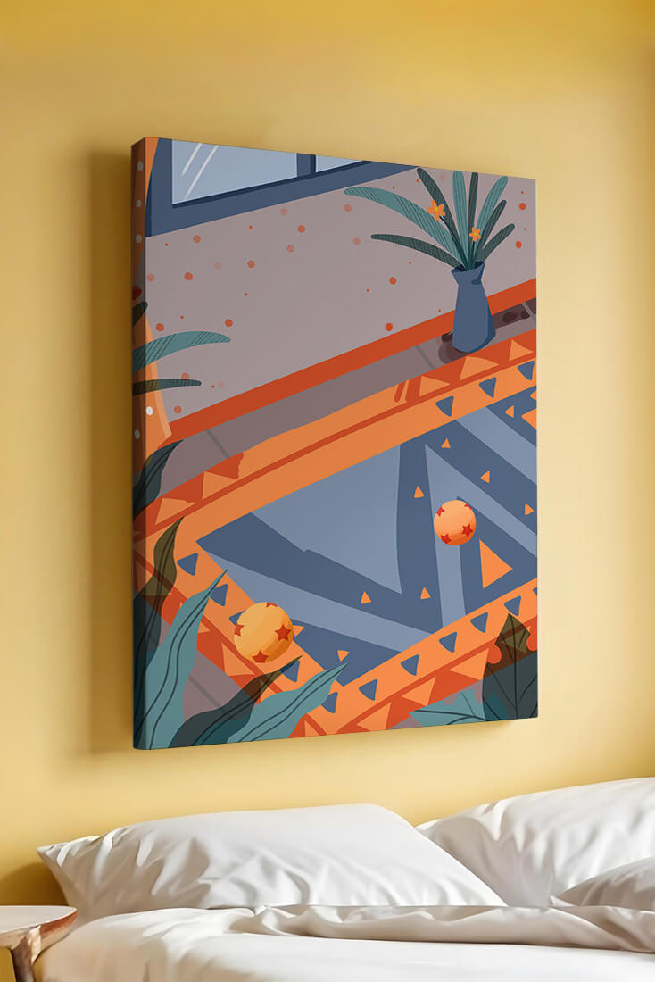 Interior abstracto moderno con patrones geométricos y planta