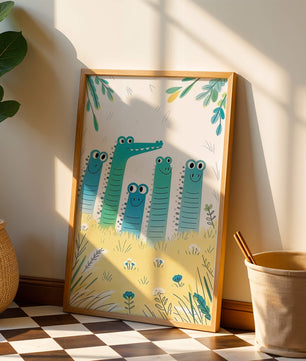 Illustration of Happy Cartoon Crocodiles in a Colorful Meadow - Mi tienda