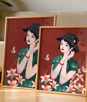 Elegant woman in vintage attire with floral hat and lilies
