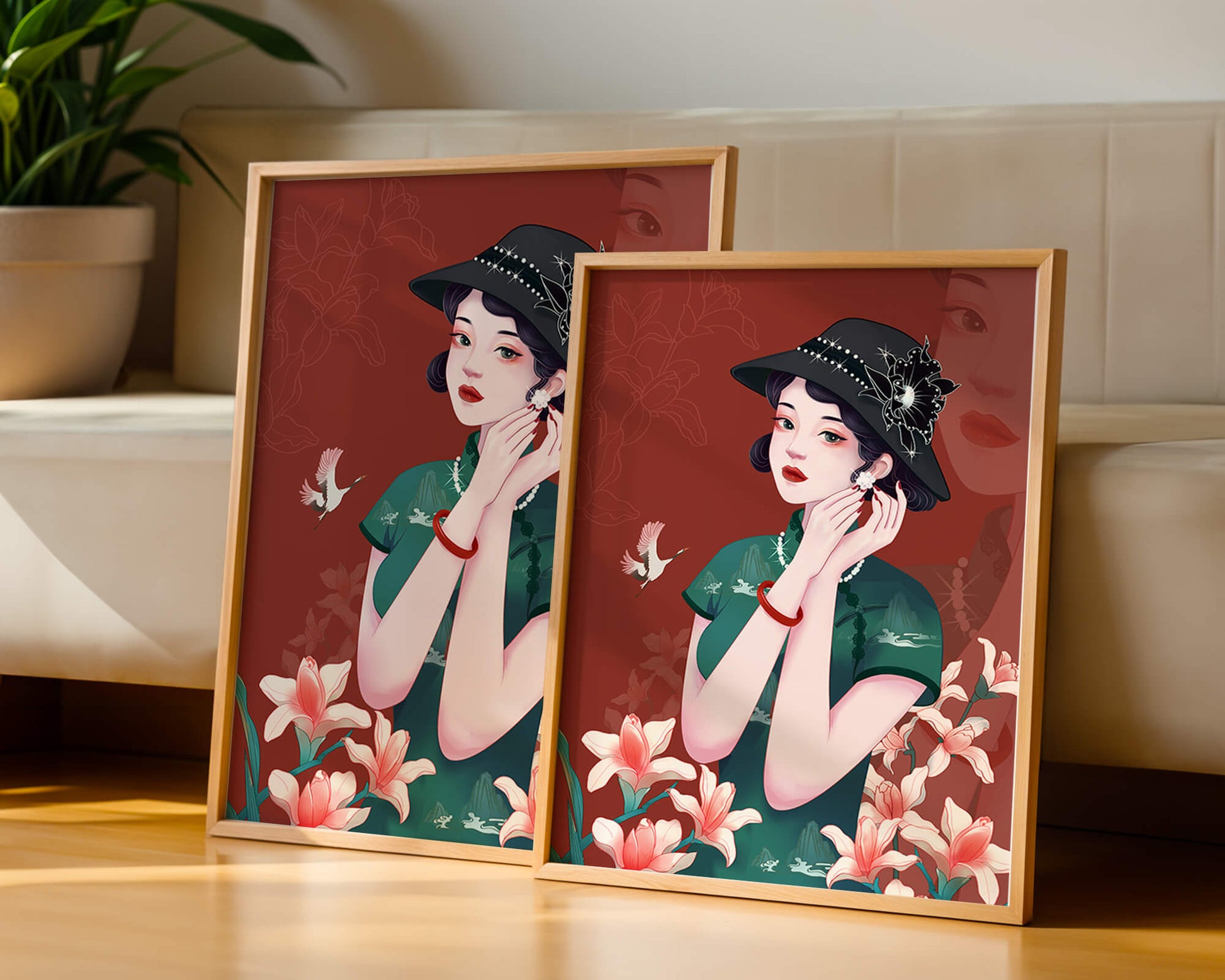 Elegant woman in vintage attire with floral hat and lilies