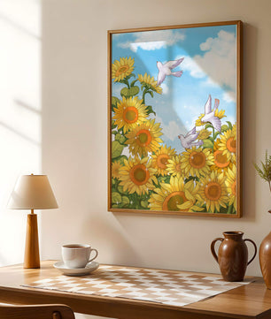 Friedliche Szene mit Sonnenblumen und Tauben unter einem strahlend blauen Himmel