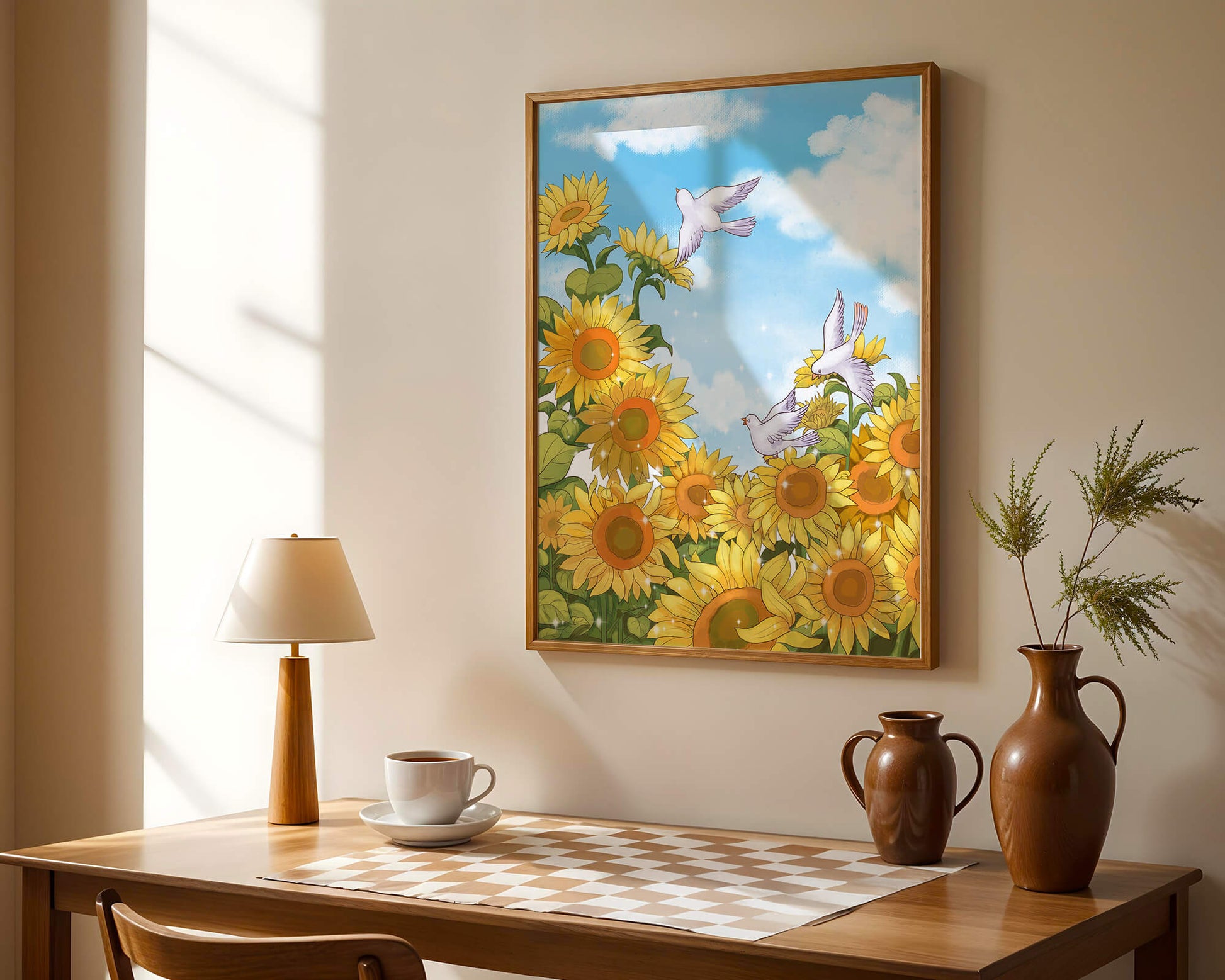Friedliche Szene mit Sonnenblumen und Tauben unter einem strahlend blauen Himmel