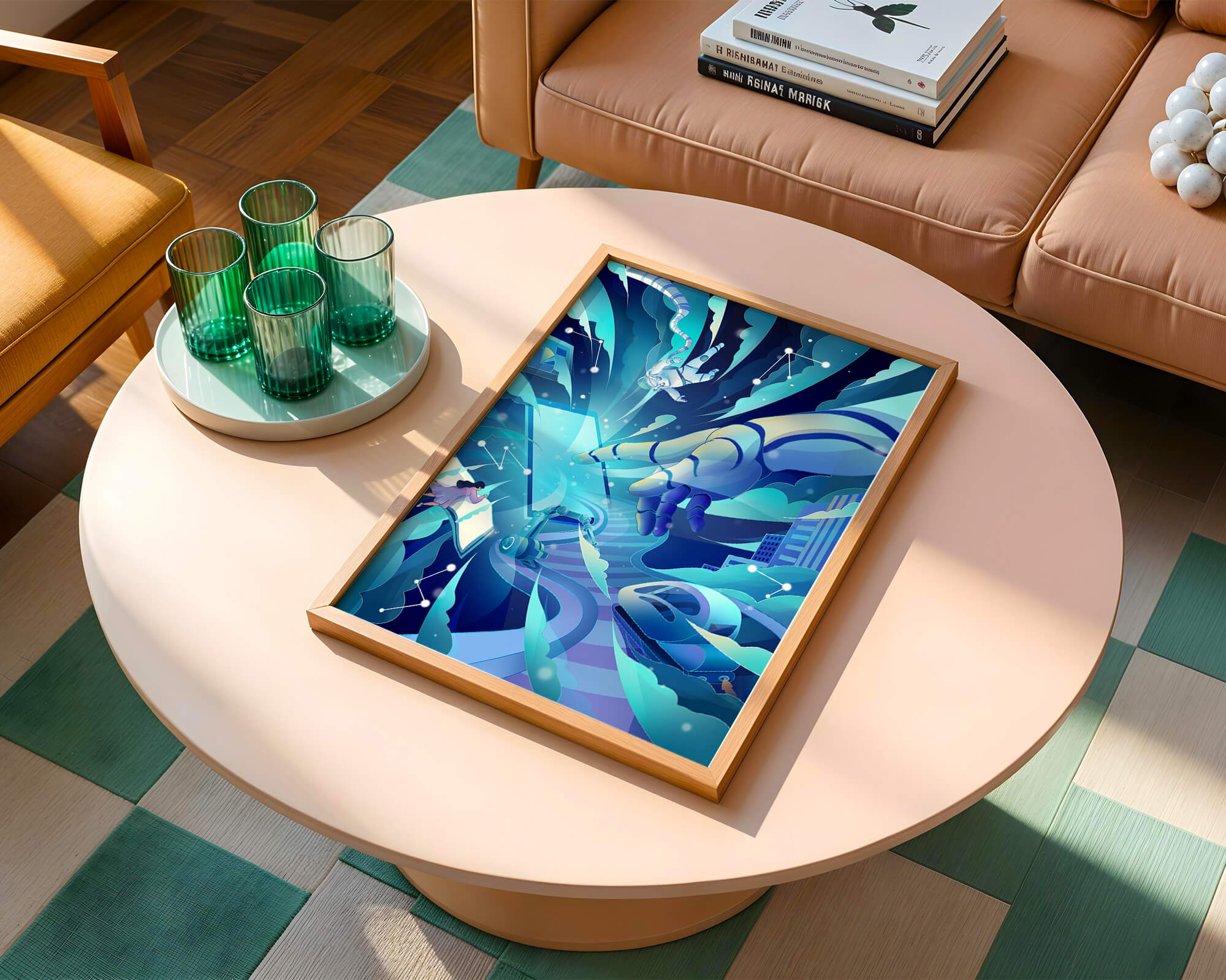 Futuristic digital artwork featuring astronaut and robotic hand in vibrant blue tones