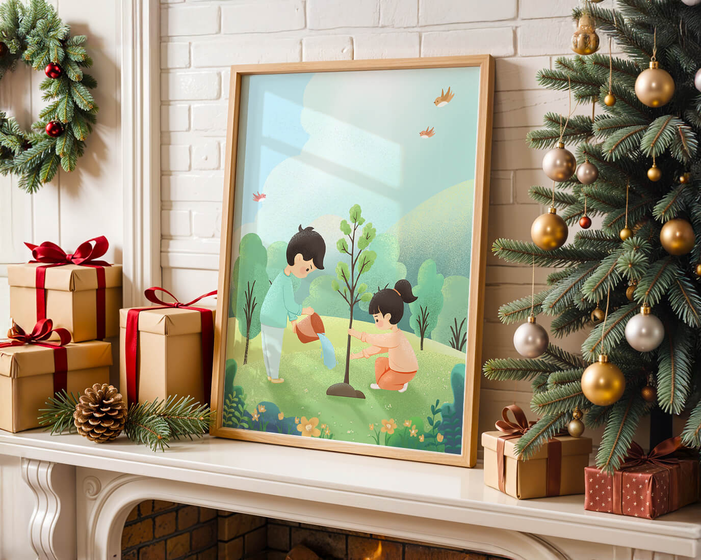 Children nurturing a young tree in a lush green landscape