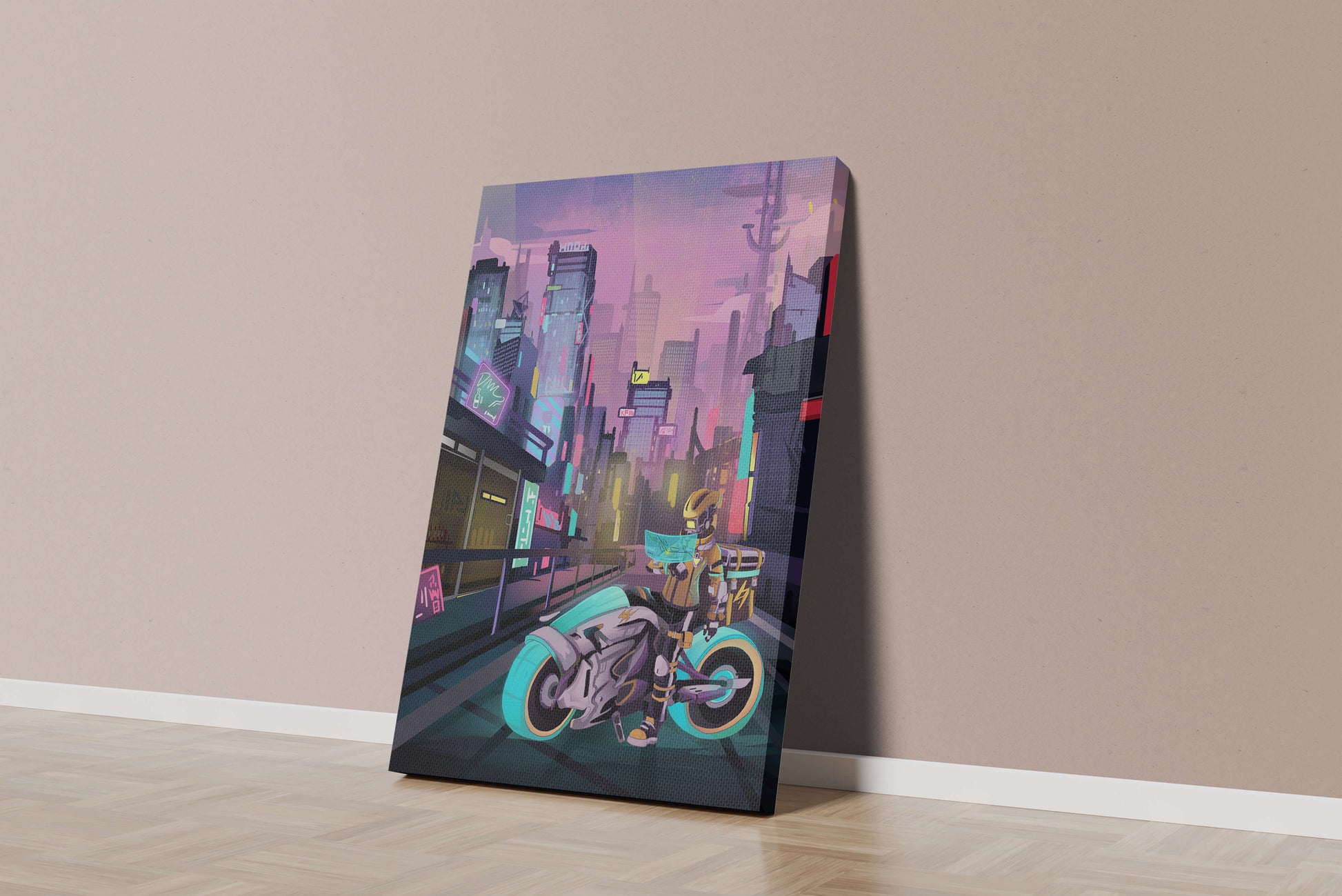 Futuristic Cyberpunk Cityscape with Neon Rider and Motorcycle