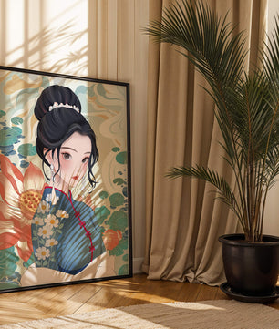 Una mujer elegante con vestido tradicional oriental con patrones florales y flores de loto