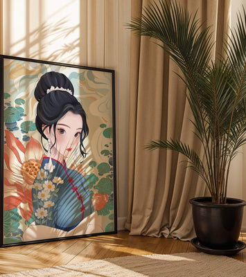 An Elegant Woman in Traditional Oriental Dress with Floral Patterns and Lotus Flowers